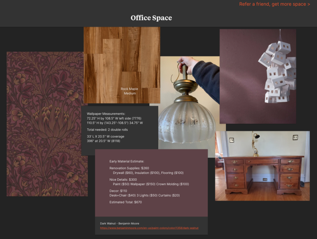 Collection of images of wallpaper, paint samples, desk, light and flooring to show design inspiration